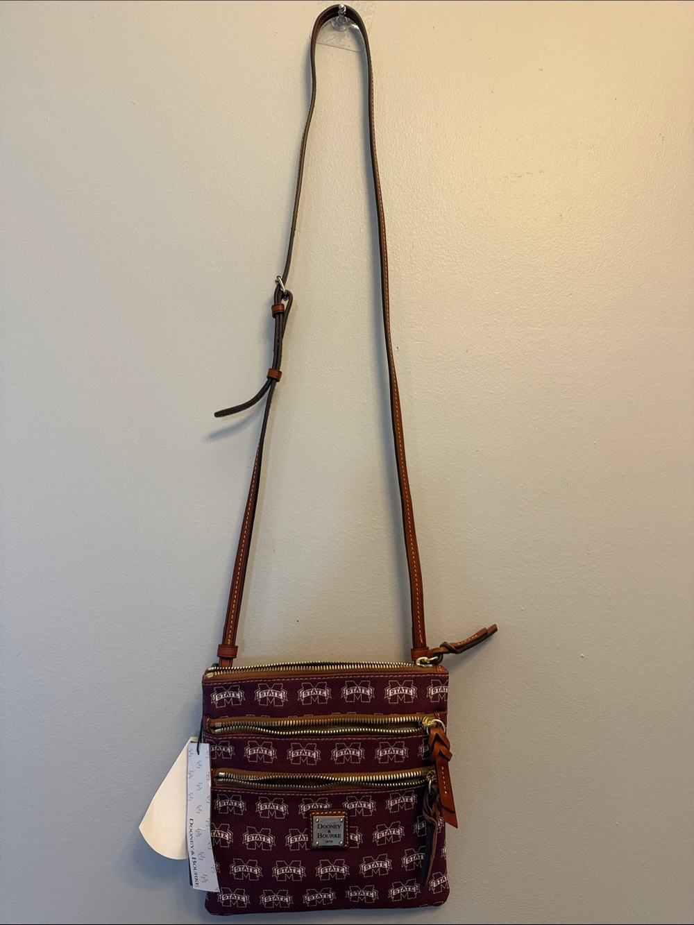 Dooney & Bourke Maroon with Brown Trim Mississippi State Triple Zip Crossbody